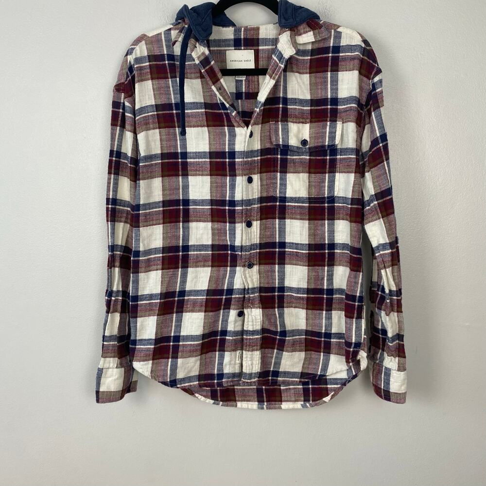 American Eagle‎ Super Soft Plaid Flannel Hooded Lightweight Shacket Size XS